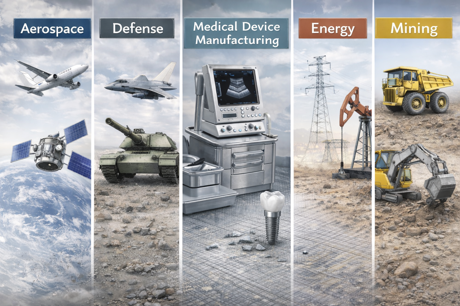 Industries served: aerospace, defense, medical device manufacturing, energy, mining